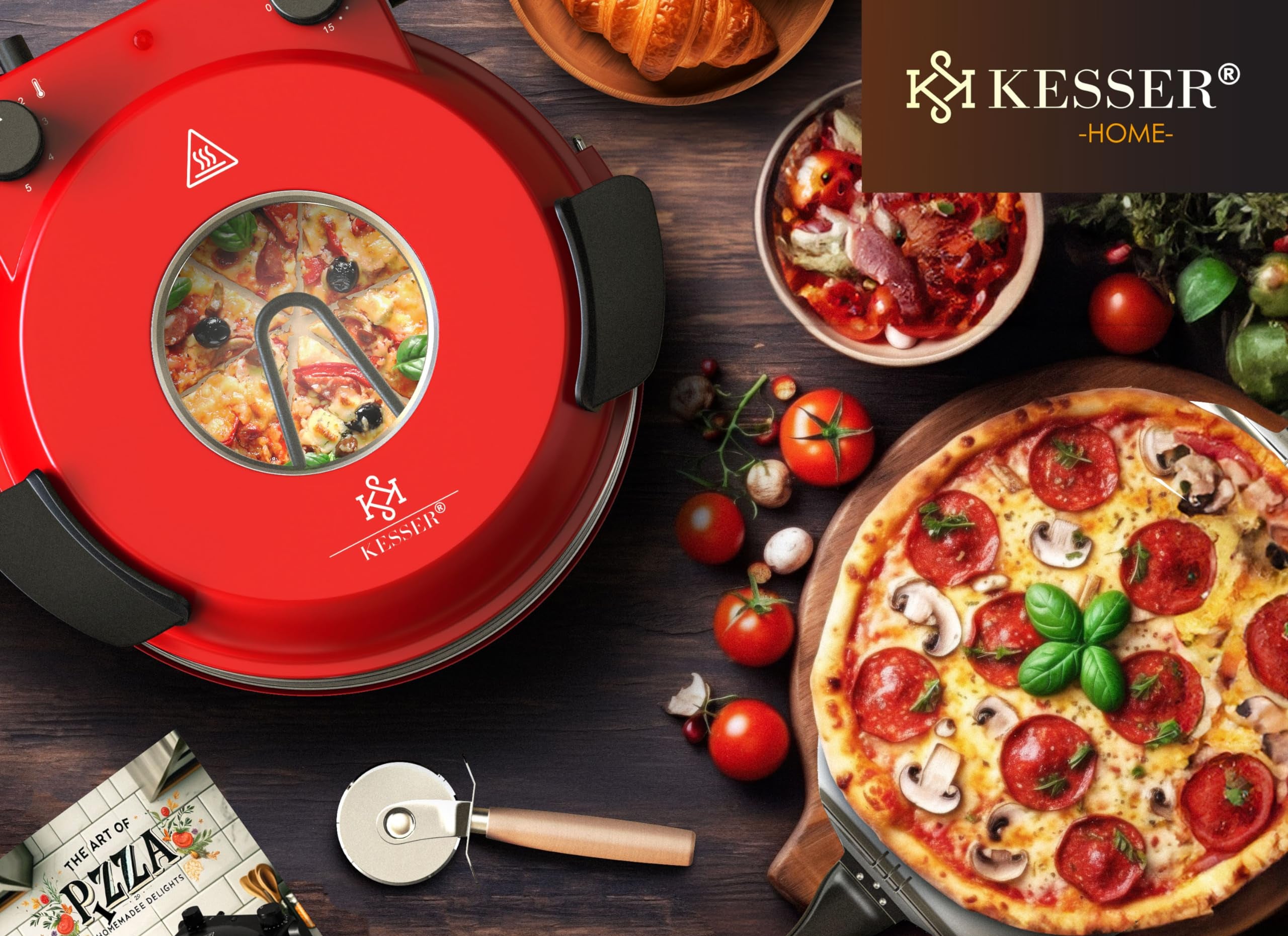 KESSER® Pizza-Ofen elektrisch bis 400 Grad | Elektrischer Pizzabäcker 1200W mit feuerfester Steinplatte & Timer Durchmesser 32cm | 5 Heizstufen & Sichtfenster | inkl. Pizzaschneider & Rezeptbuch