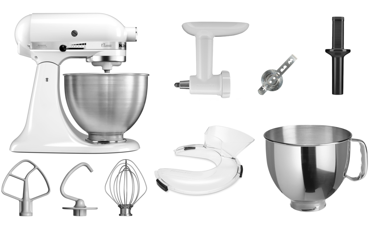 KitchenAid 4,3 L 5K45SS Classic Küchenmaschine Set 4 Fleischwolf+Spritzgebäck+Schüssel+Spritzschutz
