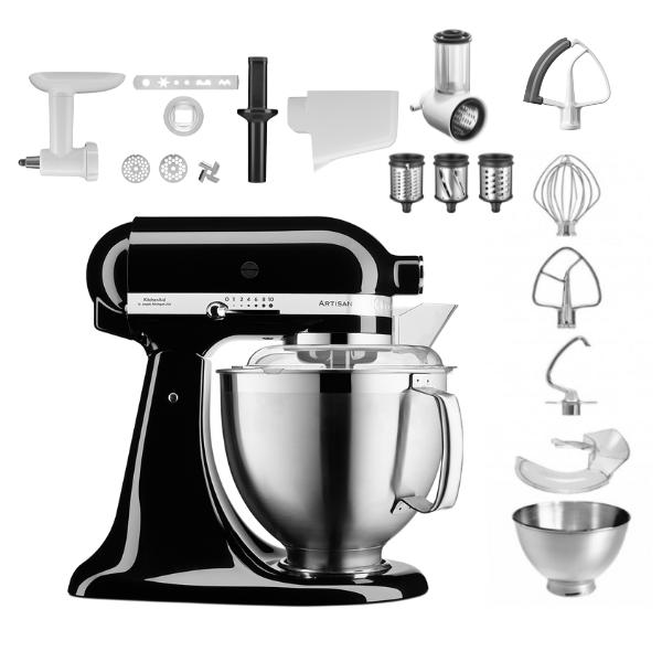 KitchenAid 4,8 L 5KSM185 Artisan Küchenmaschine Profiset Fleischwolf+Spritzgebäck+Gemüseschneider+Pürie